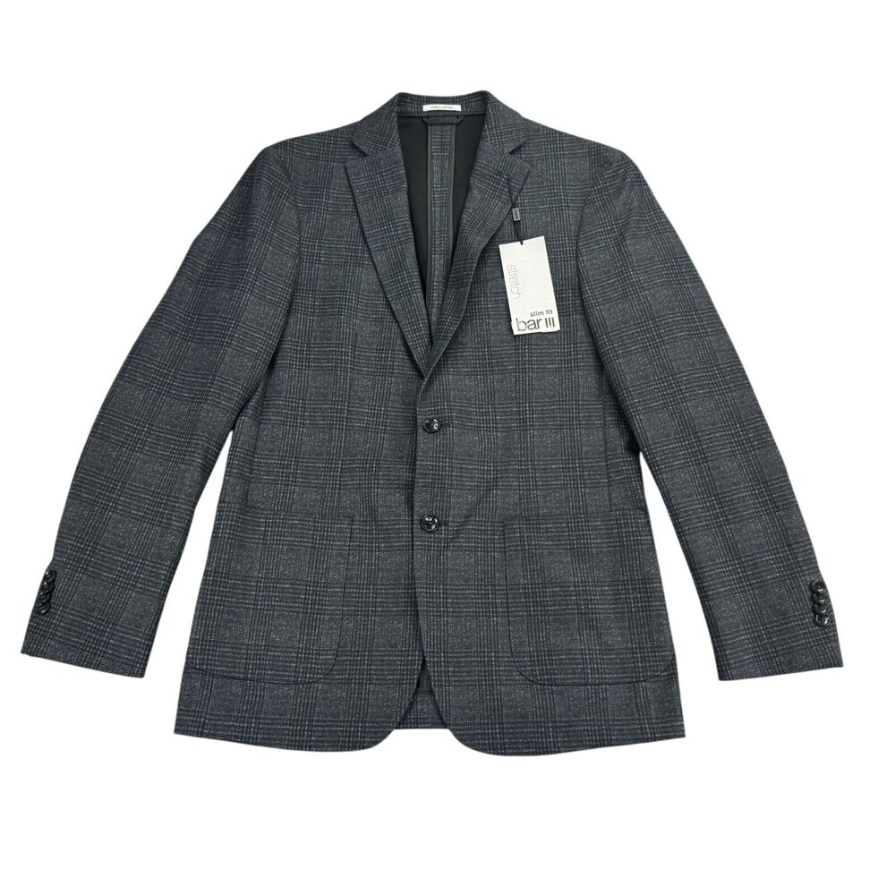 Bar III Mens Slim Fit Knit Plaid Stretch Sport Coat Charcoal Gray 40L